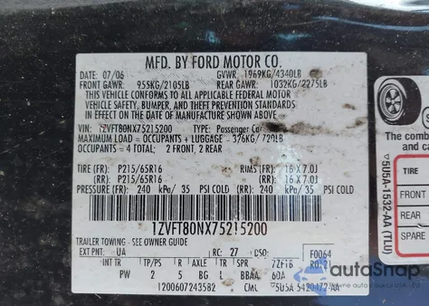 2007 Ford Mustang V6 Deluxe/V6 Premium z USA, uszkodzony, nr VIN 1ZVFT80NX75215200